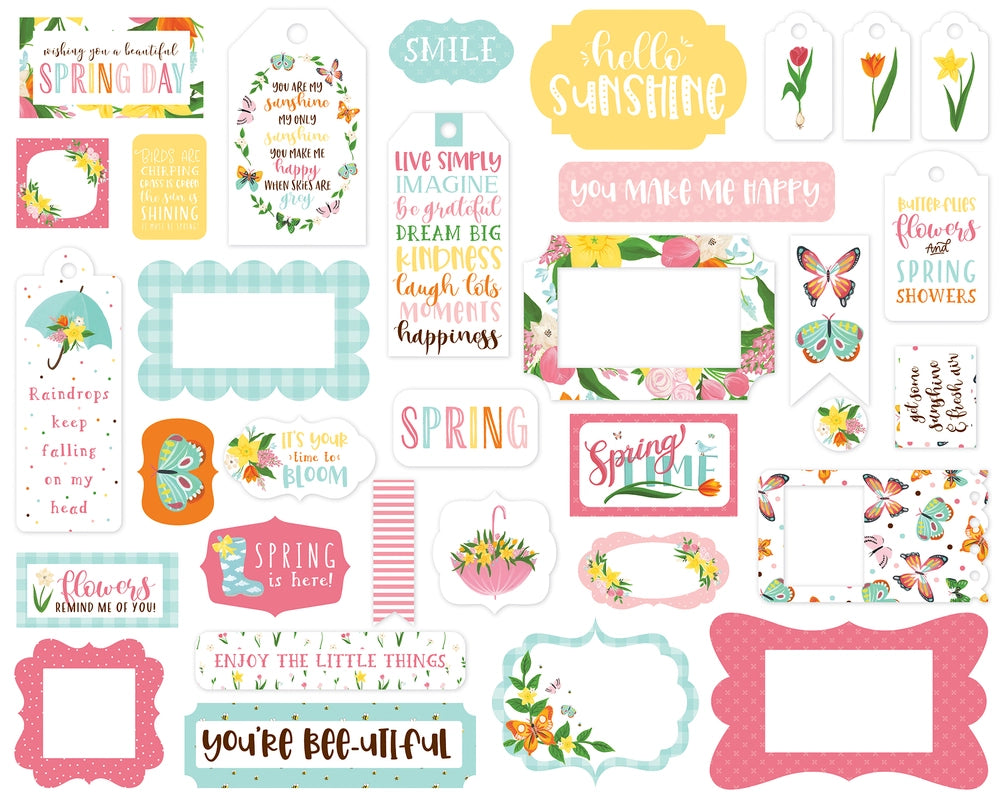 I Love Spring Frames & Tags Die Cut Cardstock Pack. Pack includes 33 different die-cut shapes ready to embellish any project. Package size is 4.5" x 5.25"