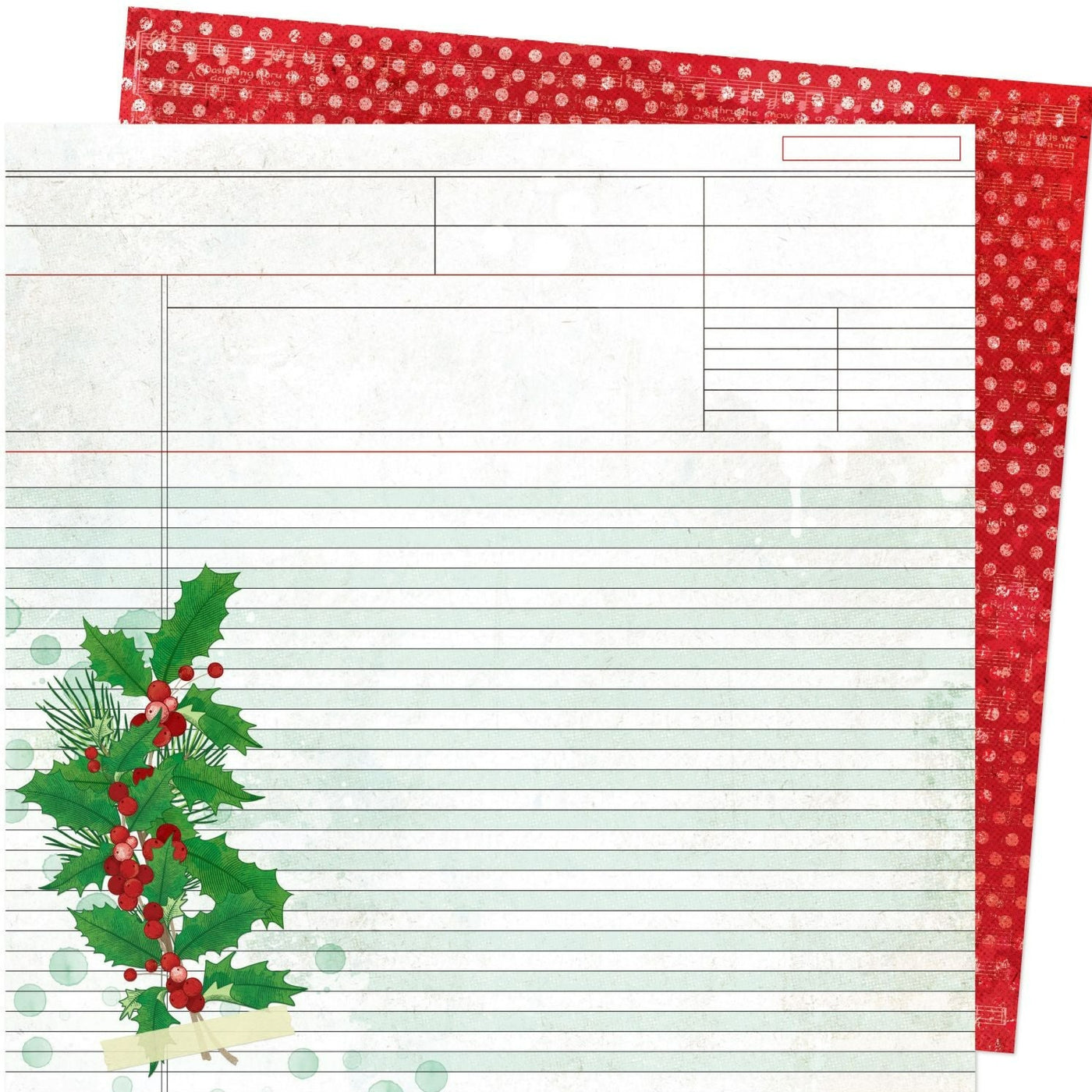 (Side A - blank ledger paper with holly & berries sprig on the left bottom corner, Side B - distressed pink polka-dots on a red background)