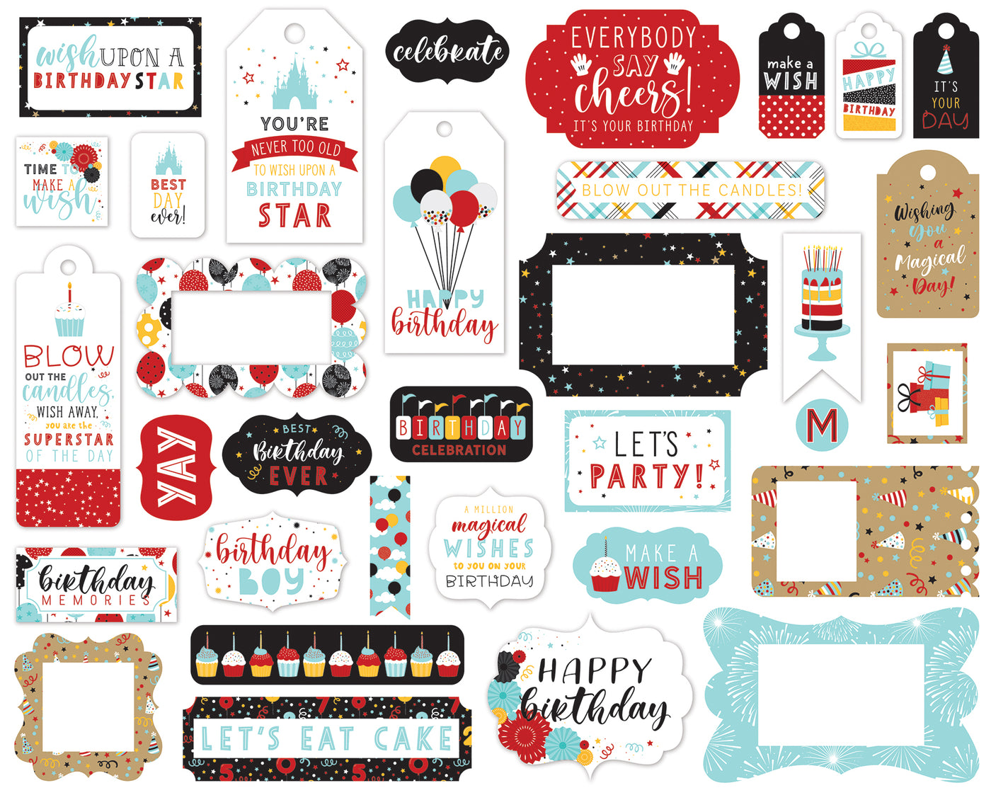 Magical Birthday Boy Frames & Tags Die Cut Cardstock Pack.  Pack includes 33 different die-cut shapes ready to embellish any project.