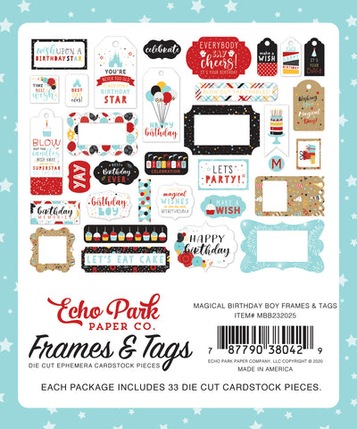 Magical Birthday Boy Frames & Tags Die Cut Cardstock Pack.  Pack includes 33 different die-cut shapes ready to embellish any project.