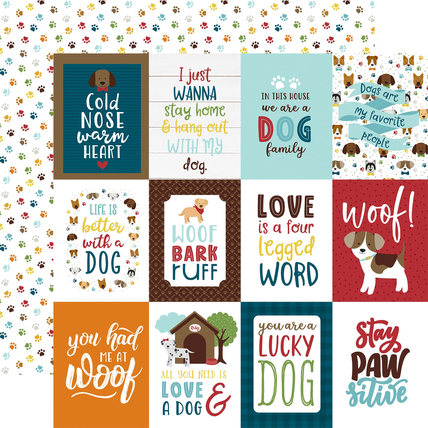 Side A - 3X4 journaling cards with images and phrases. Side B - colorful paw prints in turquoise, red, mustard yellow, orange, and brown scattered on a white background)