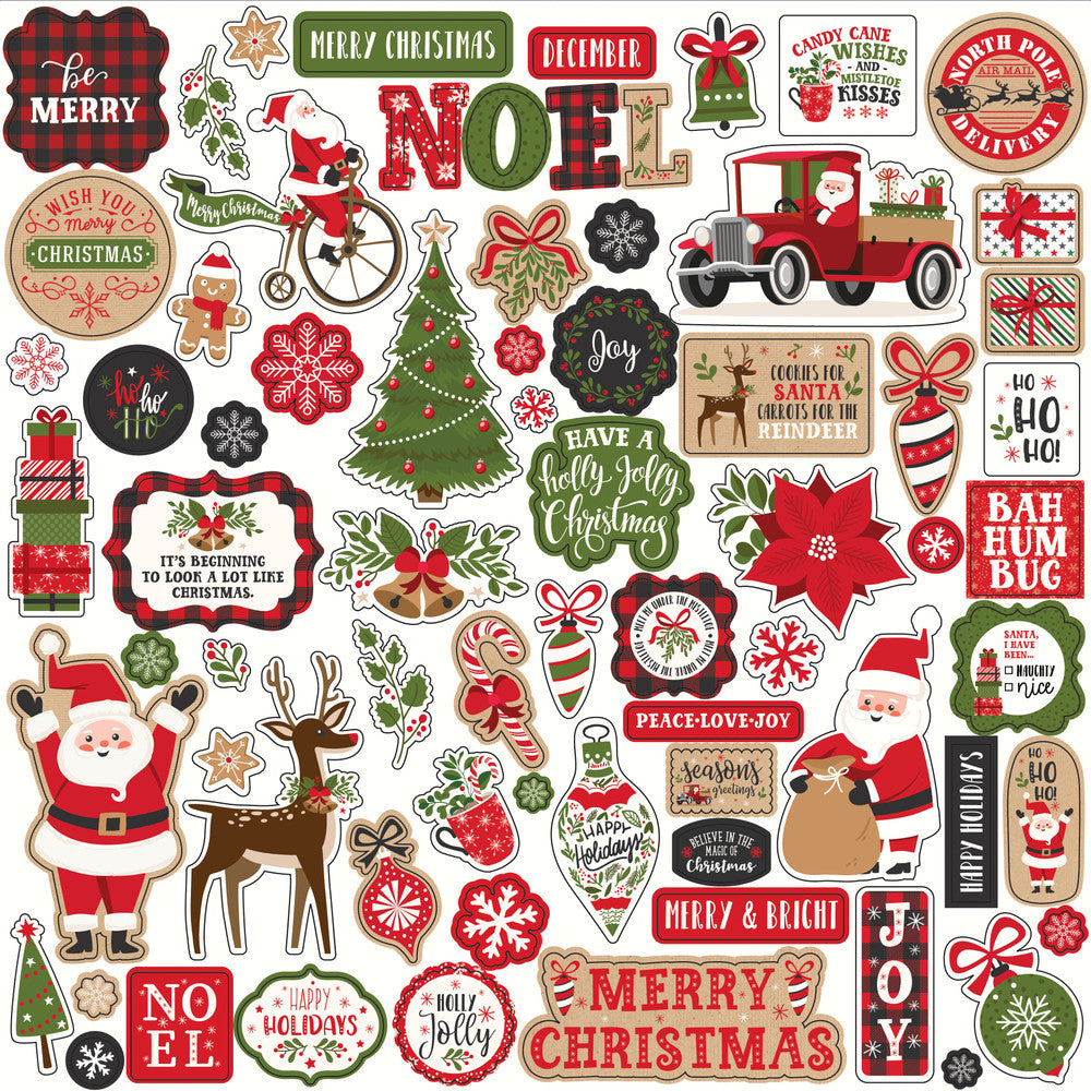 My Favorite Christmas Elements 12" x 12" Cardstock Stickers from the My Favorite Christmas Collection by Echo Park. This set of stickers includes Rudolph the Red-Nosed Reindeer, Santa, a red truck, a Christmas tree, ornaments, gifts, and more! 