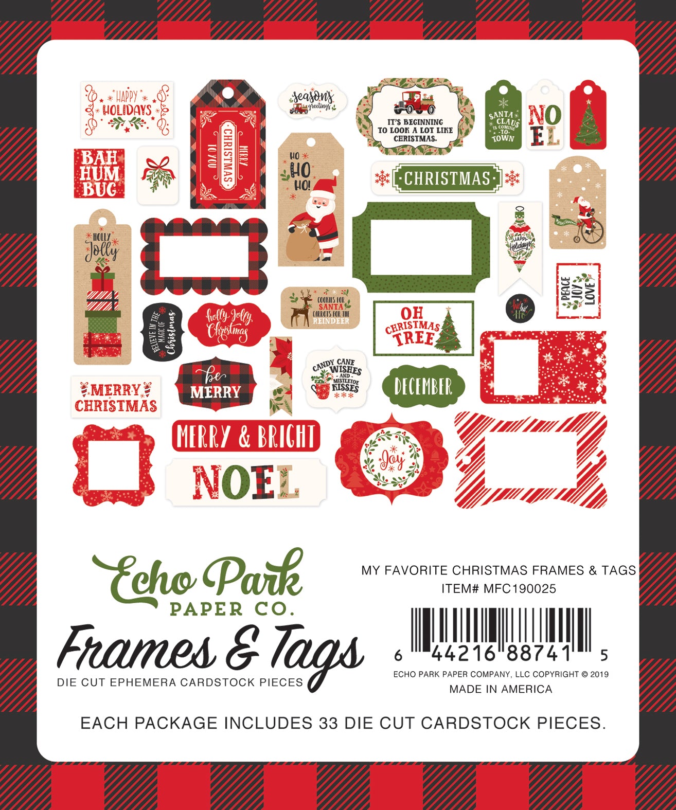 My Favorite Christmas Frames & Tags Die Cut Cardstock Pack.  Pack includes 33 different die-cut shapes ready to embellish any project.