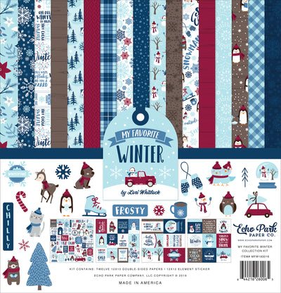 My Favorite Winter Kit with a sticker element sheet with patterns and images of mittens, scarved dogs, snowmen, penguins, poinsettia, cocoa, and so much more.