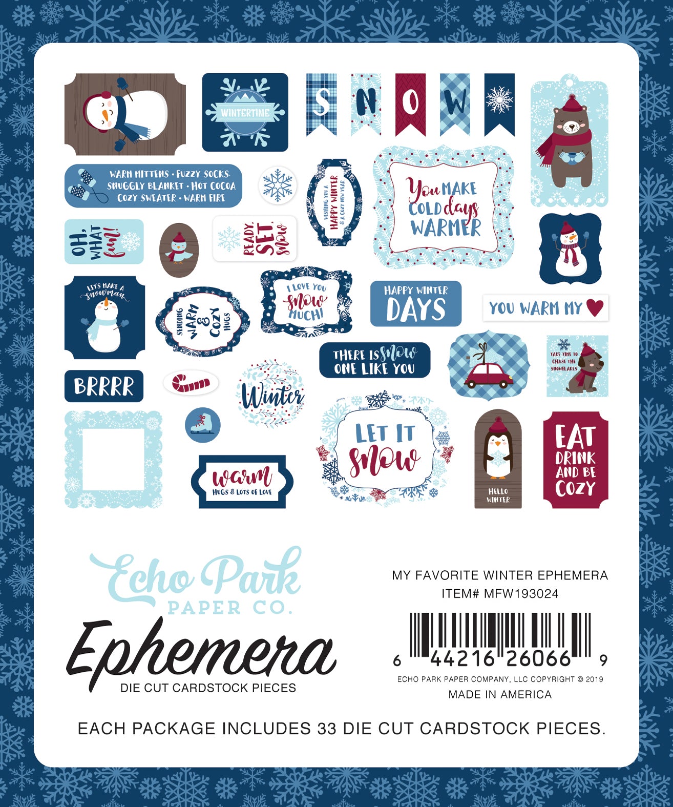 My Favorite Winter Ephemera Die Cut Cardstock Pack.  Pack includes 33 different die-cut shapes ready to embellish any project.