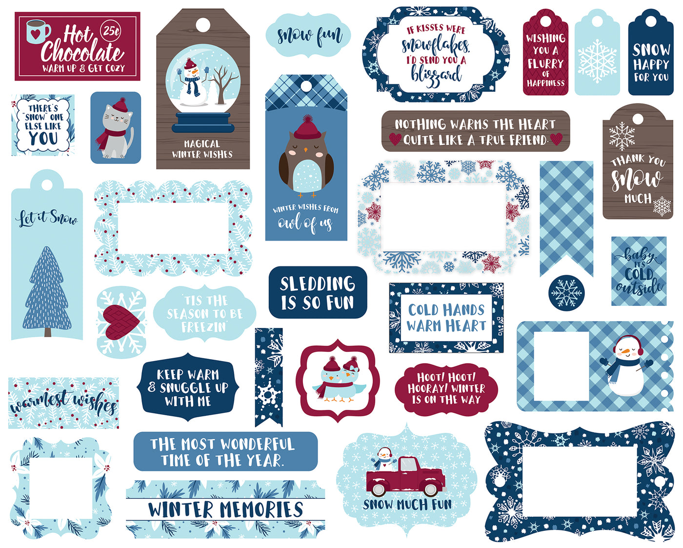 My Favorite Winter Frames & Tags Die Cut Cardstock Pack.  Pack includes 33 different die-cut shapes ready to embellish any project. 