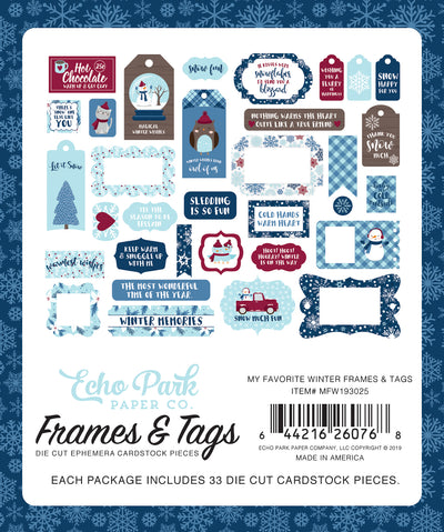 My Favorite Winter Frames & Tags Die Cut Cardstock Pack.  Pack includes 33 different die-cut shapes ready to embellish any project. 