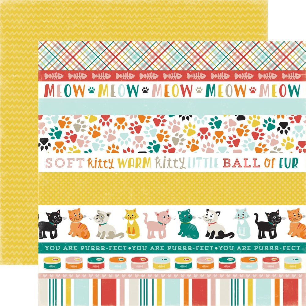 Multi-Colored (Side A - colorful cat border strips and phrases Side B - light yellow zig-zag pattern on yellow background)