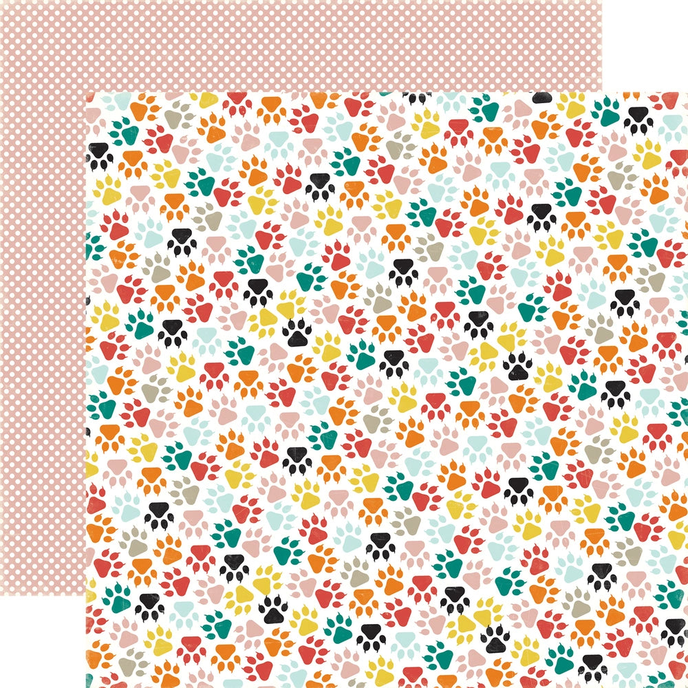 Multi-Colored (Side A - colorful cat paw prints in black, gray, orange, pink, mustard yellow, green, and light blue on white background. Side B - white mini polka dots on light pink background)