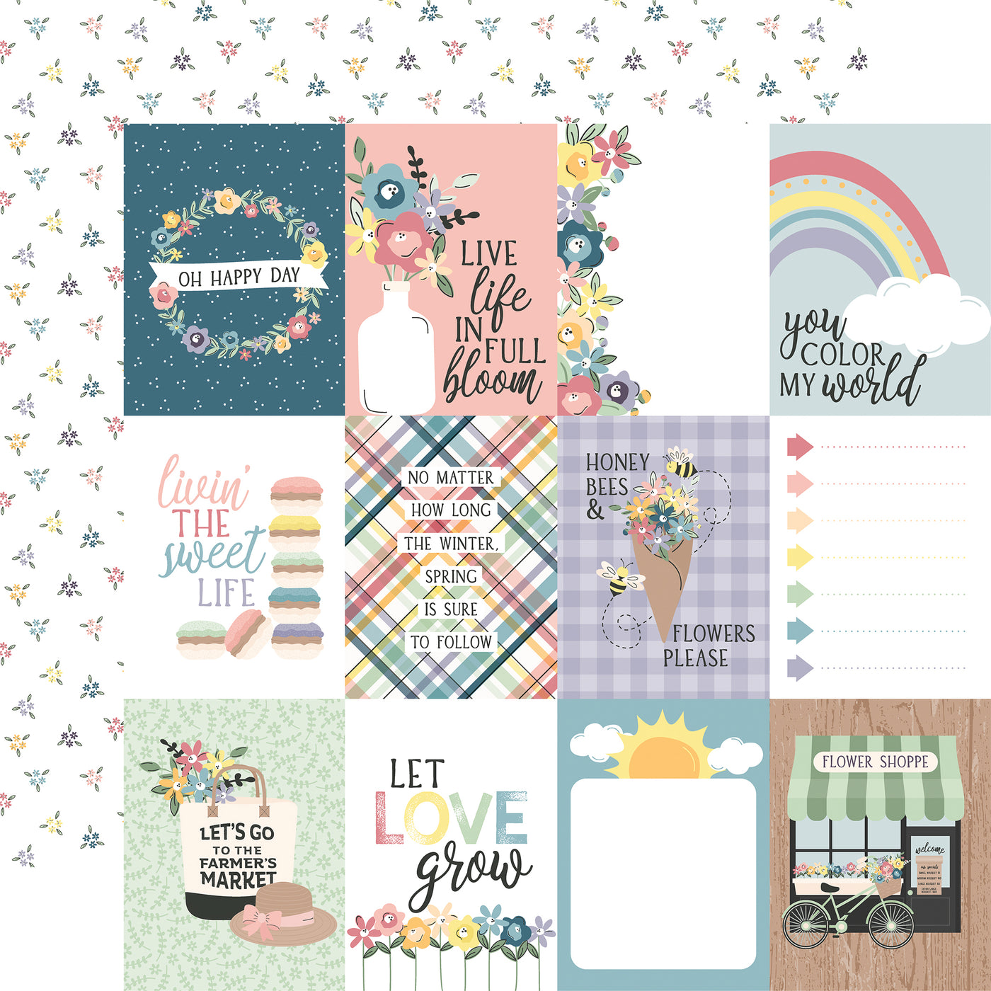 The front side of this paper has twelve 3" x 4" journaling cards which are full of pastel images and words and phrases, plus some room to journal. The reverse side is filled with small groups of flowers in triangle shapes.