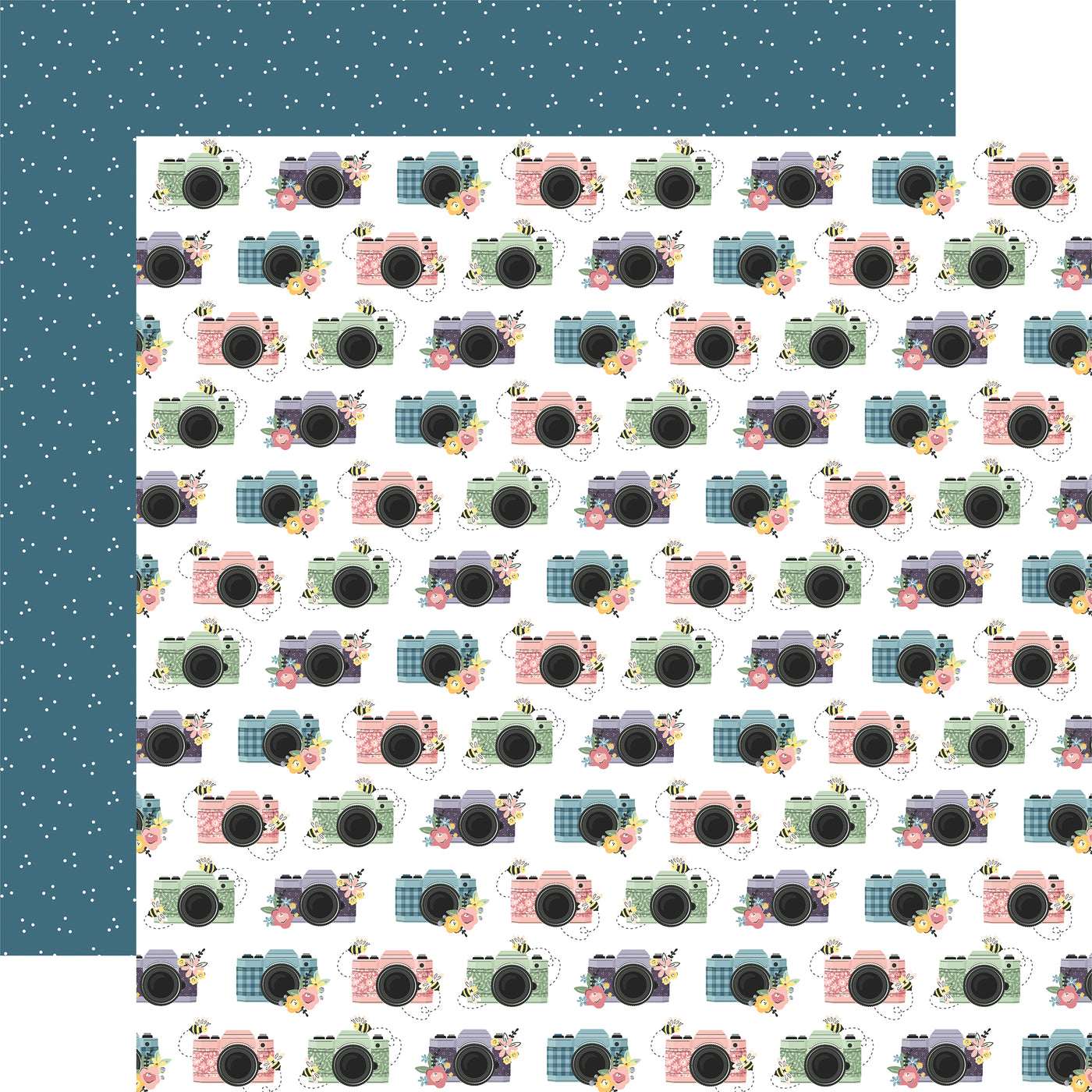 The front side of this paper is full of pastel-colored cameras. The reverse side is navy with white dots in triangle shapes.