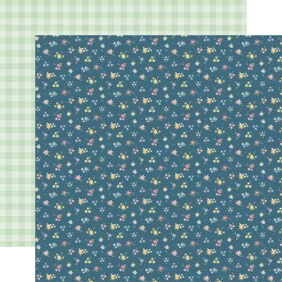 The front side of this paper is navy with lots of little flowers. The reverse side is a green and light green gingham print.