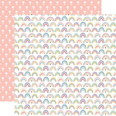 The front side of this paper has rows of rainbows in many colors and designs. The reverse side is pink and filled with rows of ice cream cones.