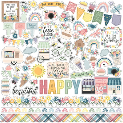 This 12" x 12" double sided sticker sheet is part of the New Day Collection from Echo Park. It is loaded with images of rainbows, flowers, insects, birds, cameras, snacks, bees, the sun, banners, borders, and so much more!