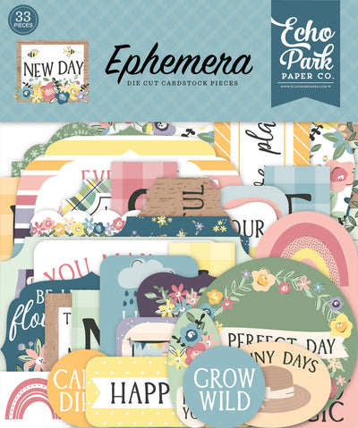 New Day Ephemera Die Cut Cardstock Pack. Pack includes 33 different die-cut shapes ready to embellish any project. Package size is 4.5" x 5.25"