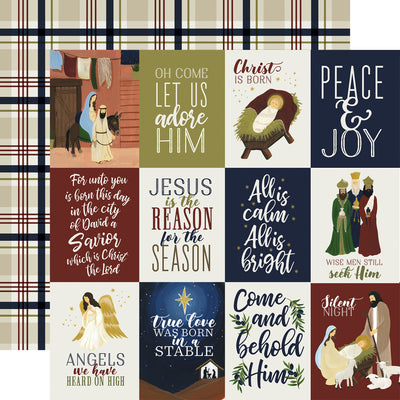 (Side A - 3X4 journaling cards with nativity scenes and phrases, Side B - bold navy-blue and tan plaid on a cream background)