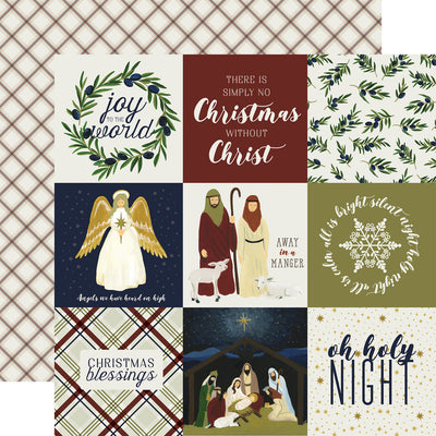 (Side A - 4X4 journaling cards with nativity scenes and phrases, Side B - navy-blue and tan plaid on a cream background)