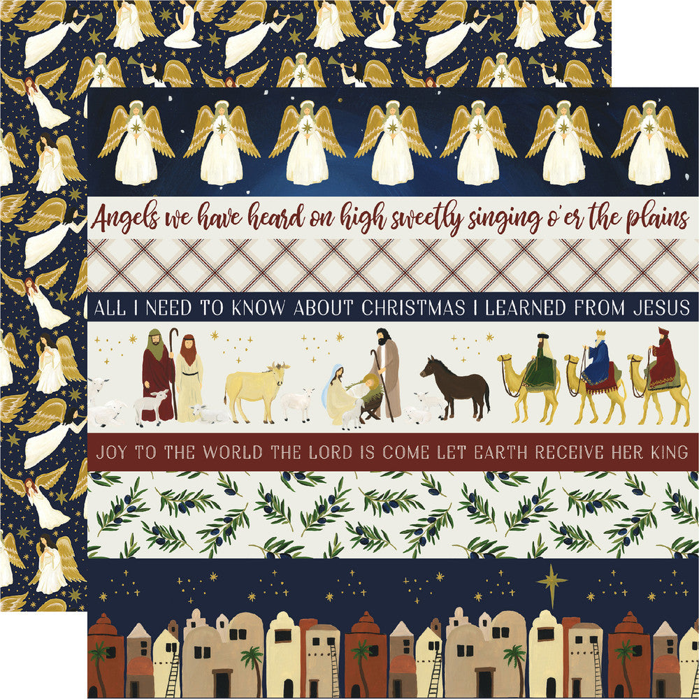 (Side A - border strips with nativity scenes and phrases, Side B - tiny gold stars and angels on a navy blue background)