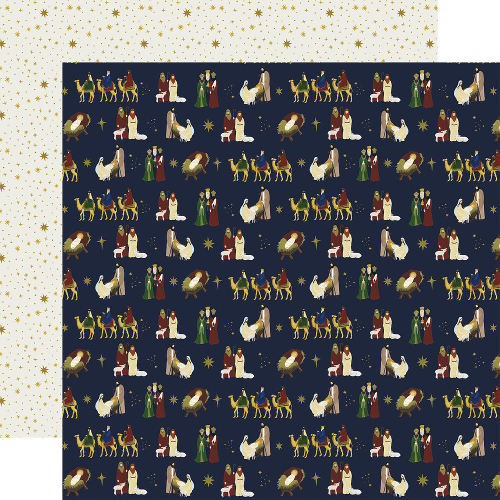 Multi-Colored (Side A - rows of nativity icons including the three wise men, camels, Mary and Joseph with baby Jesus on a dark navy background, Side B - tiny gold stars and dots all over an off-white background)