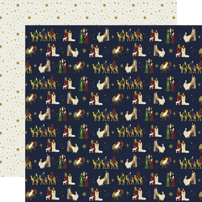 Multi-Colored (Side A - rows of nativity icons including the three wise men, camels, Mary and Joseph with baby Jesus on a dark navy background, Side B - tiny gold stars and dots all over an off-white background)
