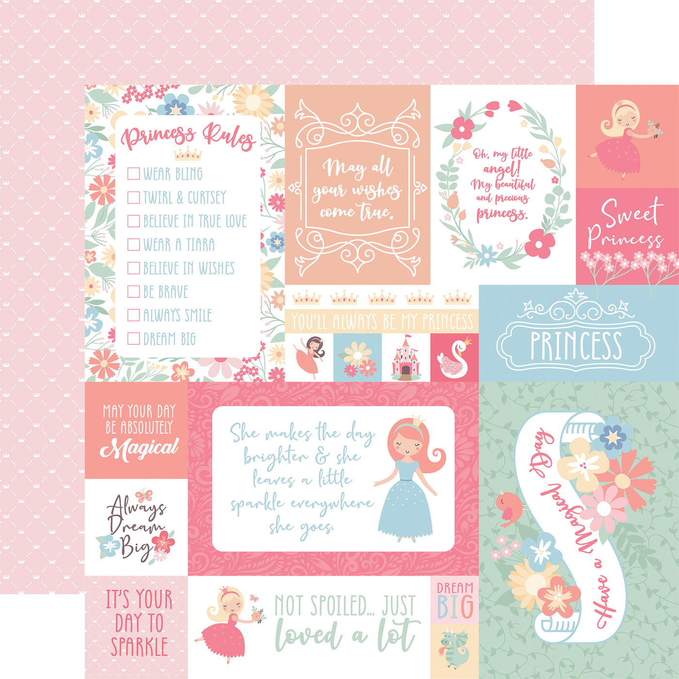  The front side of this paper is full of multi journaling cards that can be added to so many projects. The reverse side is light pink with crowns and dots in diamond shapes.