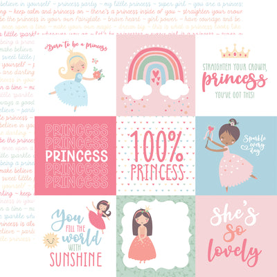 The front side of this paper has nine 4" x 4" journaling cards filled with princess and princes sentiments. The reverse side is filled with rows of princess sentiments in many of the colors used in this collection. 