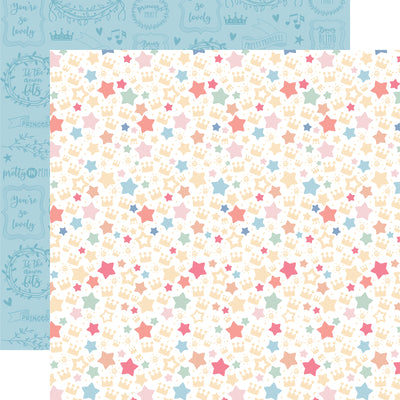 The front side of this paper is filled with crowns and stars in many colors and shapes. The reverse side is blue and filled with princess sentiments in banners, wreaths, crowns, and more.