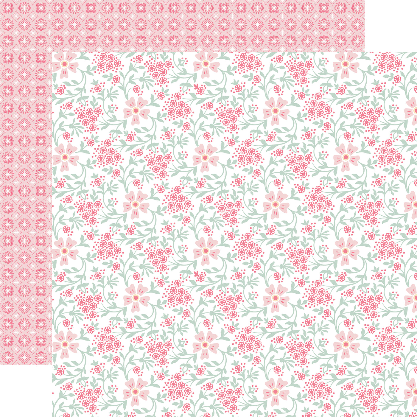 The front side of this paper is filled with pink and dark pink Fairytale Flowers. The reverse side is dark pink and filled with rows of small mandala designs.