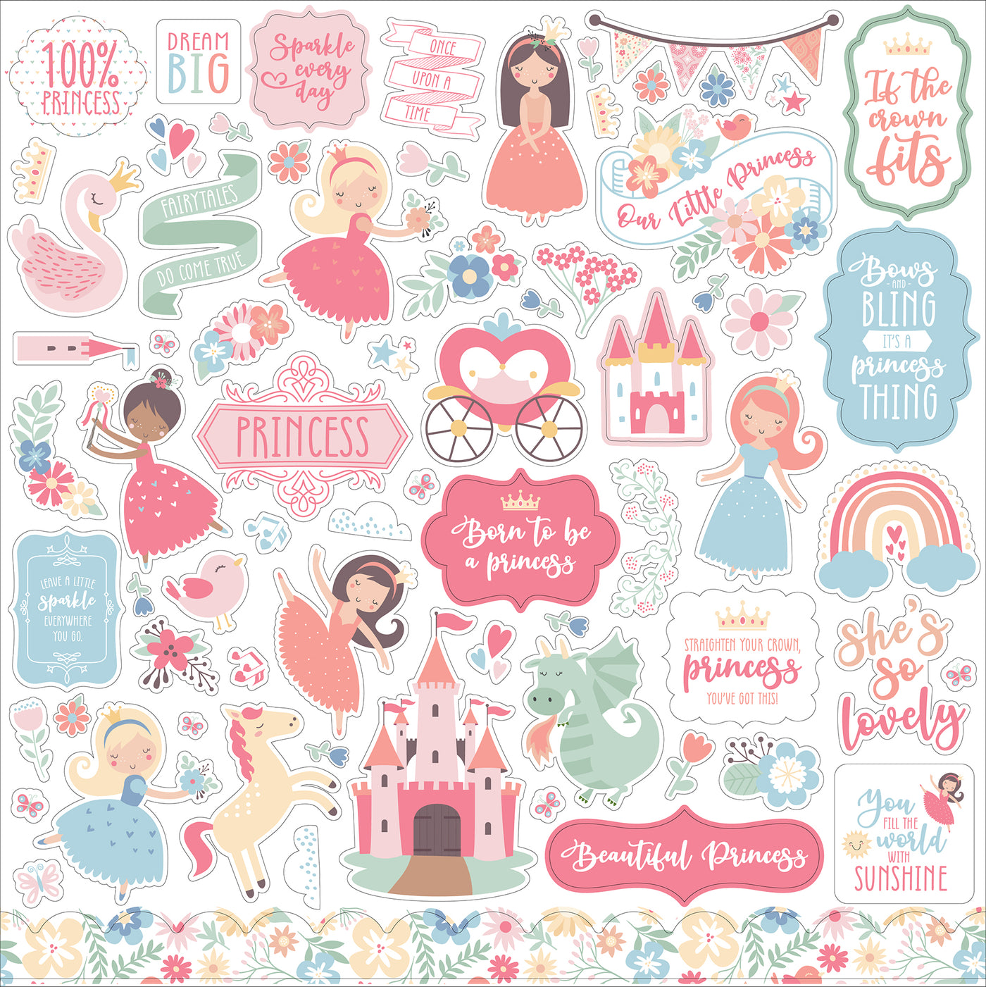This sticker sheet is full of pretty little princesses, a dragon, a horse, a swan, a bird, the castle, flowers, a rainbow, and lots of banners and words and phrases. 