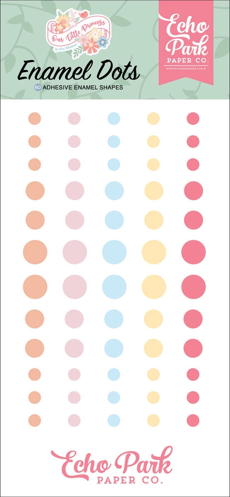 Enamel Dots from the Our Little Princess Collection by Echo Park Paper. The package includes 60 adhesive enamel dots in a range of sizes in soothing pastel colors.