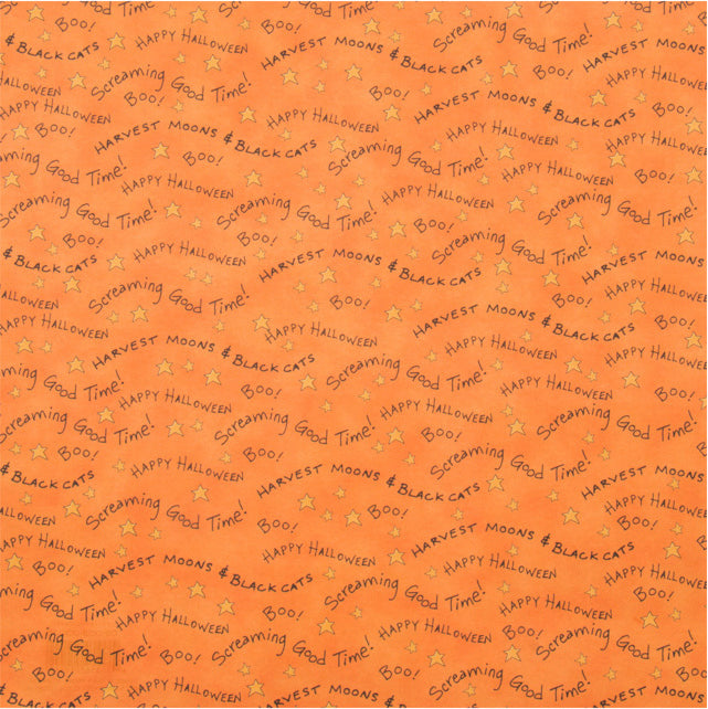 Halloween - 12x12 patterned paper with Halloween phrases in curvy font on orange background - DCWV