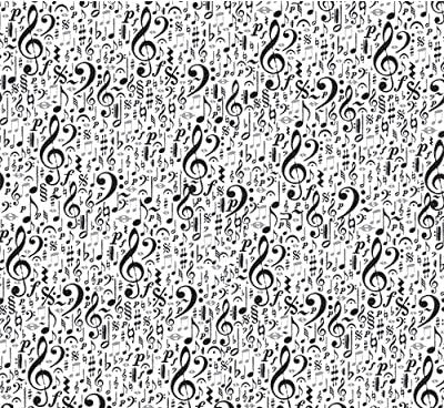 Black musical note pattern on white background. Printed on one side. Smooth surface. White reverse