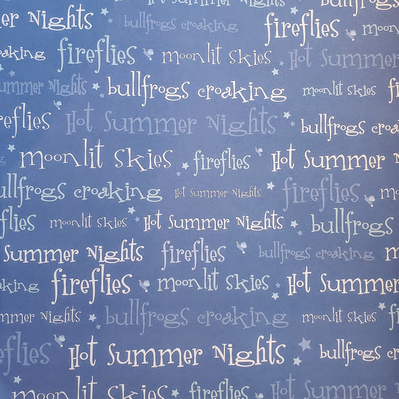 12x12 lightweight single sided patterned paper with summer night phrases on a blue background. Archival quality paper from DCWV.