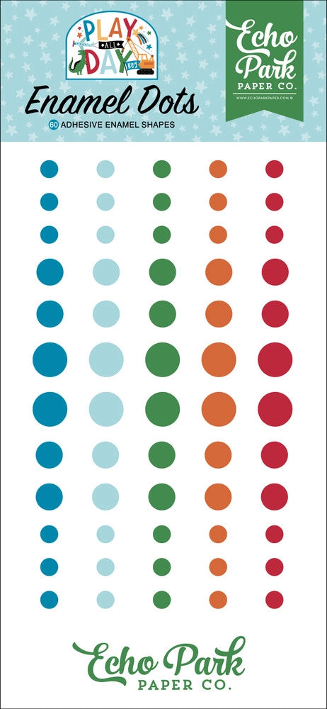 Enamel Dots from the Play All Day Collection by Echo Park Paper. Package includes 60 adhesive enamel dots in a range of sizes in bright colors.