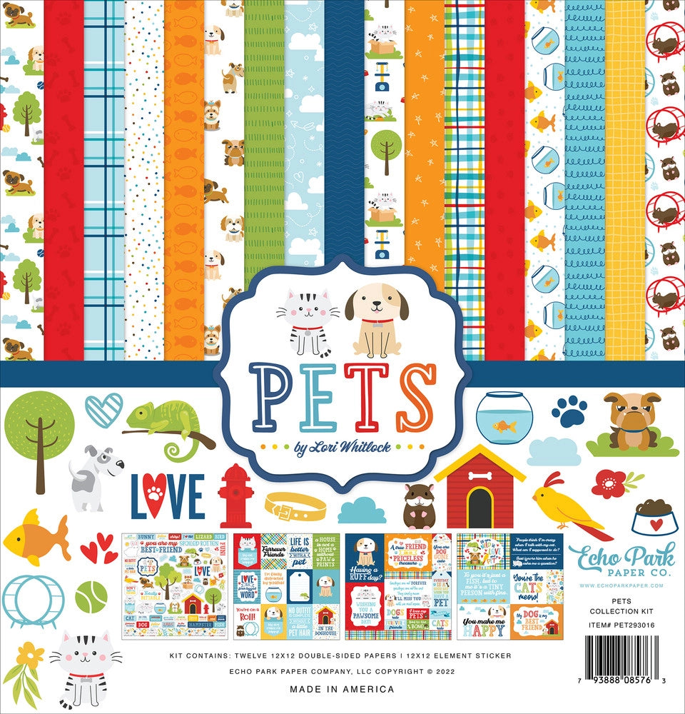 Pets 12x12 collection kit with 12 double-sided designer sheets with the perfect designs to celebrate our best pet friends. Pet-related images and phrases. 12x12 inch cardstock.
