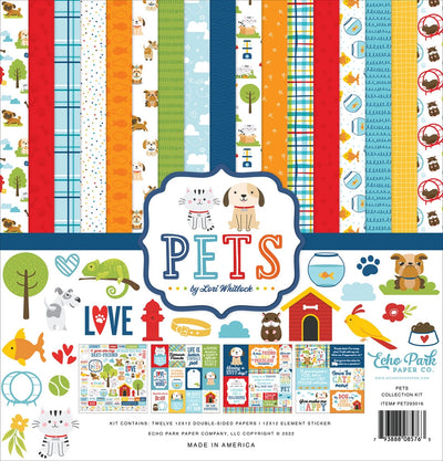 Pets 12x12 collection kit with 12 double-sided designer sheets with the perfect designs to celebrate our best pet friends. Pet-related images and phrases. 12x12 inch cardstock.