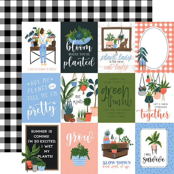 (Side A - playful, fun, plant-related 4X6 journaling cards and phrases; Side B - black and white gingham)