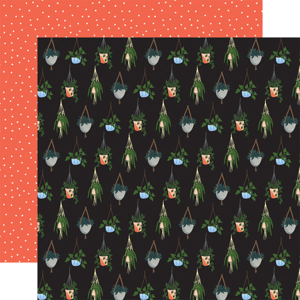 (Side A - hanging plants on a black background; Side B - white polka dots on an orange background)