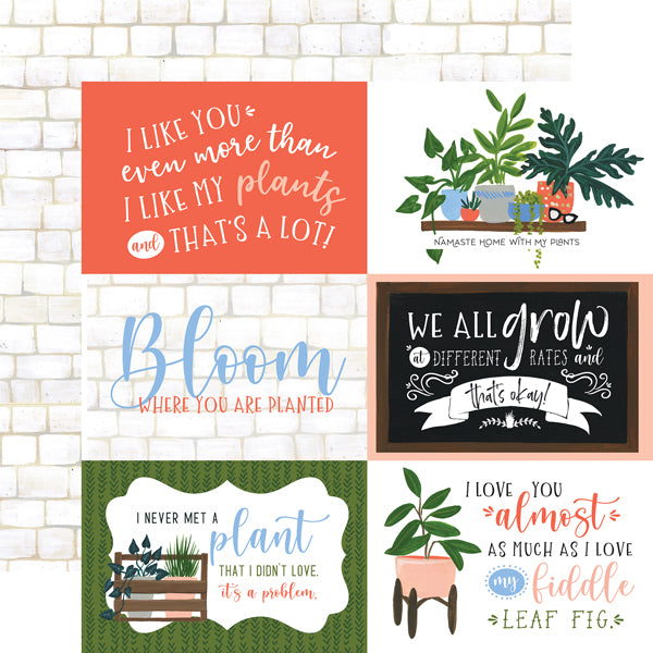 (Side A - playful, fun, plant-related 6X4 journaling cards and phrases; Side B - whitewashed brick wall)