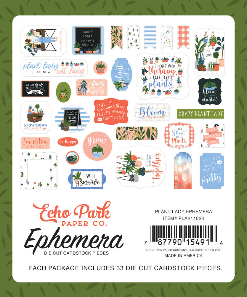 Plant Lady Ephemera Die Cut Cardstock includes 33 different die-cut shapes ready to embellish any project.