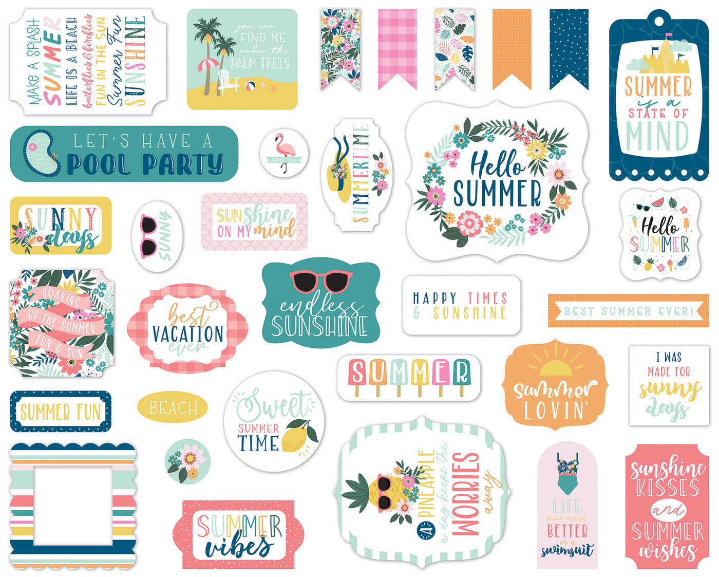 Pool Party Ephemera Die Cut Cardstock Pack.  Pack includes 33 different die-cut shapes ready to embellish any project.