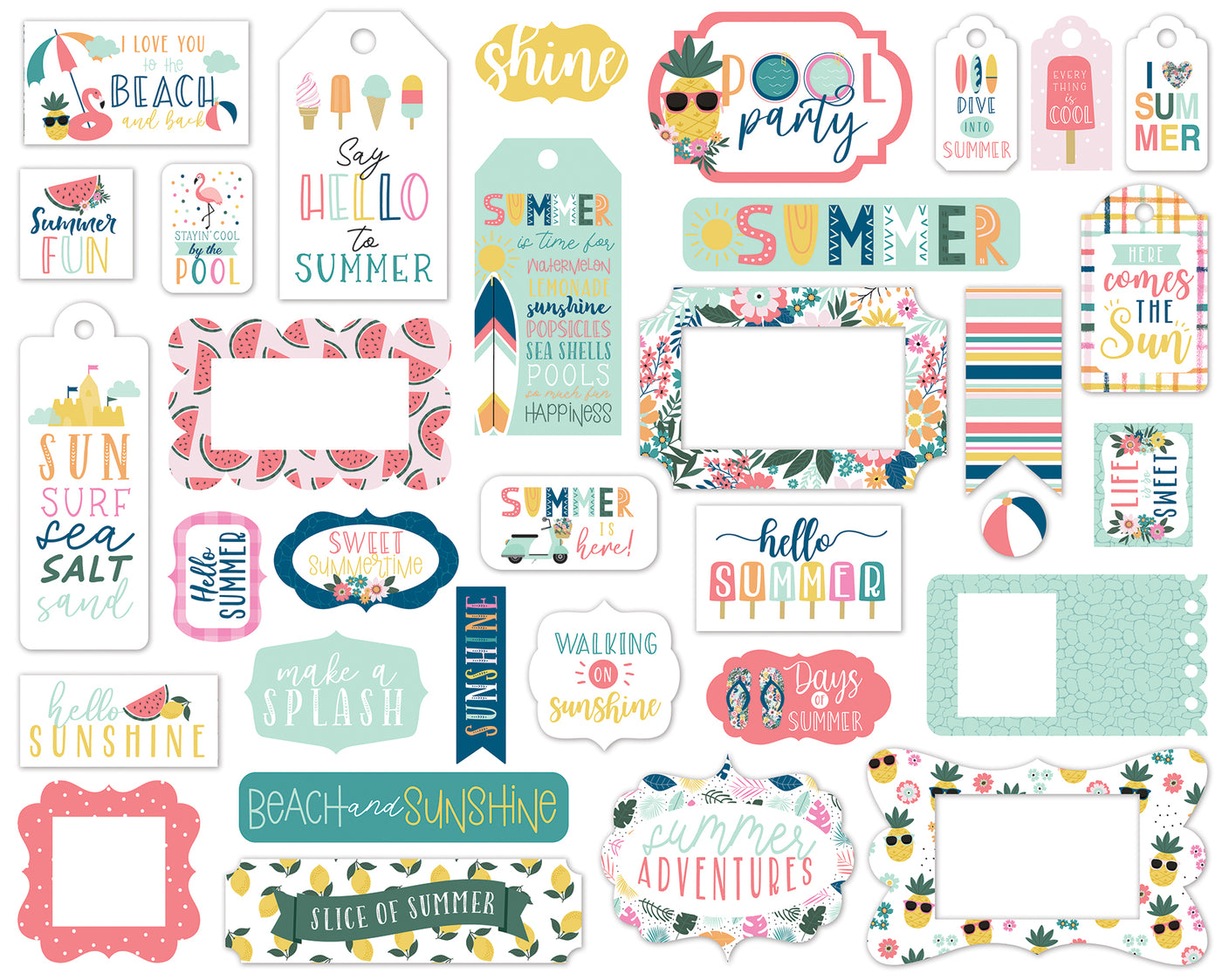 Pool Party Frames and Tags Ephemera Die Cut Cardstock Pack.  Pack includes 33 different die-cut shapes ready to embellish any project.