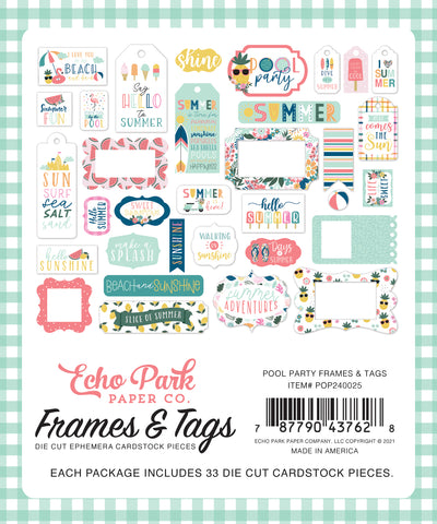 Pool Party Frames and Tags Ephemera Die Cut Cardstock Pack.  Pack includes 33 different die-cut shapes ready to embellish any project.