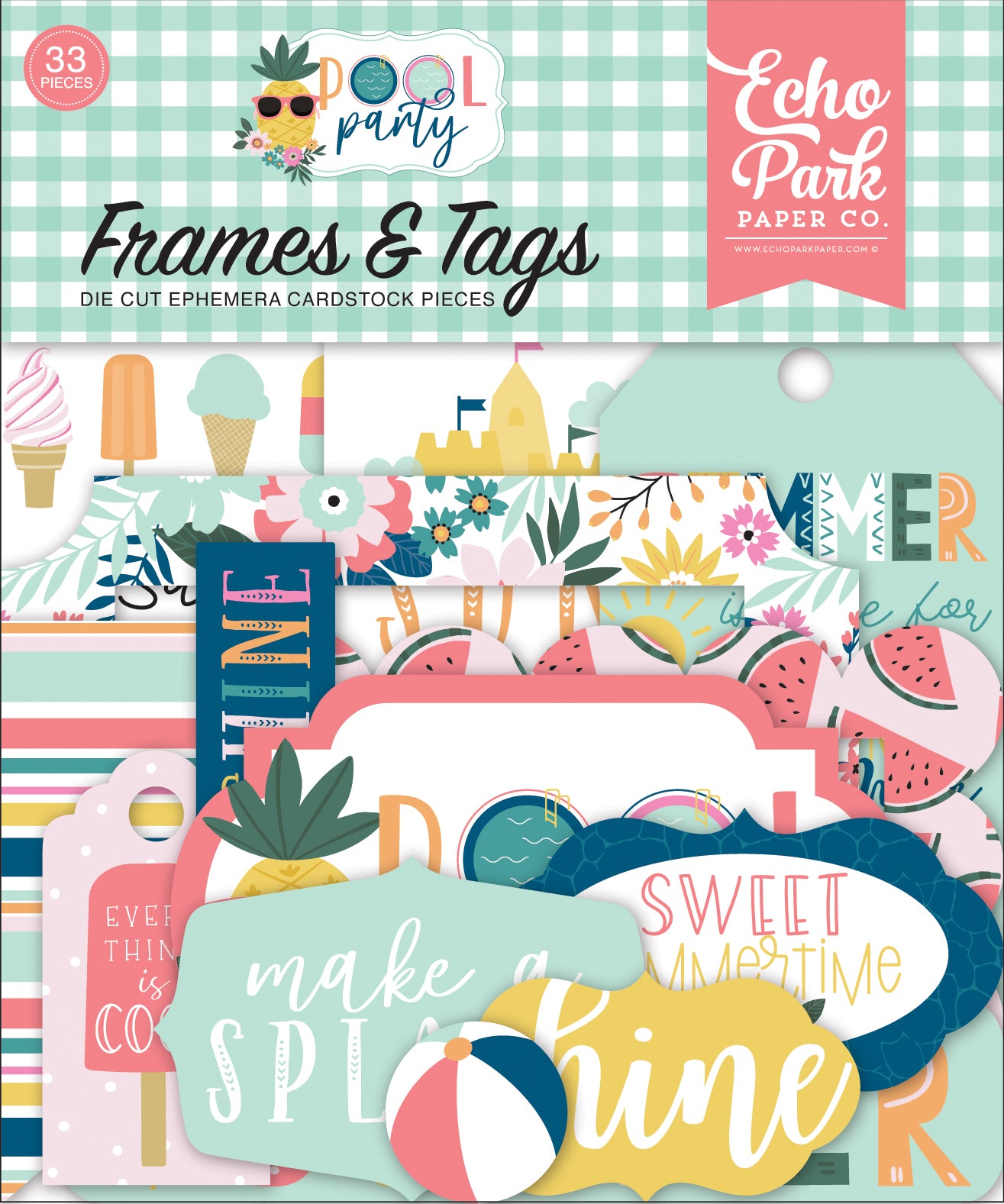 Pool Party Frames and Tags Ephemera Die Cut Cardstock Pack.  Pack includes 33 different die-cut shapes ready to embellish any project.