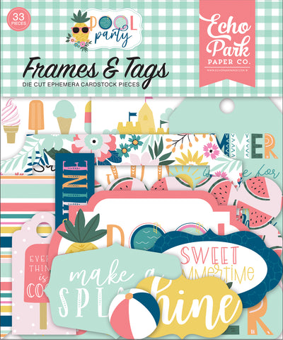Pool Party Frames and Tags Ephemera Die Cut Cardstock Pack.  Pack includes 33 different die-cut shapes ready to embellish any project.