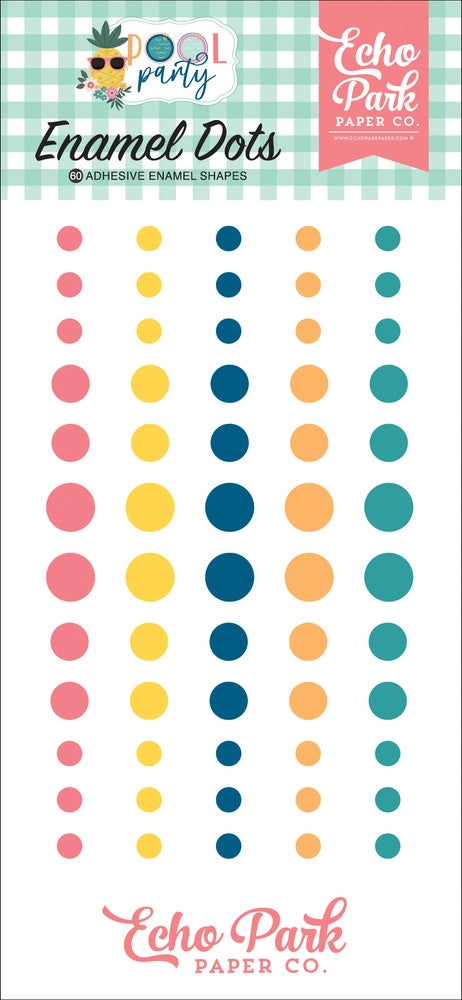 Enamel Dots from the Pool Party Collection by Echo Park Paper add fun accents to your project pages and cards. Package includes 60 adhesive enamel dots in a range of sizes with navy blue, peach, pink, turquoise, and yellow colors.