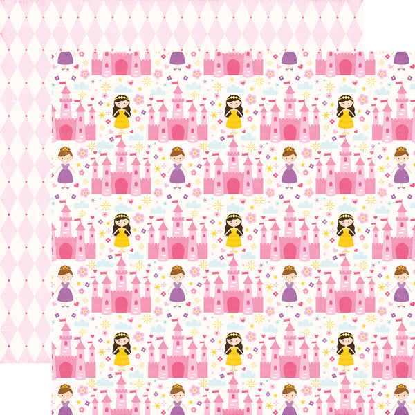 Multi-colored (Side A - pastel pink  castle with princesses in purple and yellow dresses on an off-white background; Side B - pastel pink and off-white harlequin pattern)