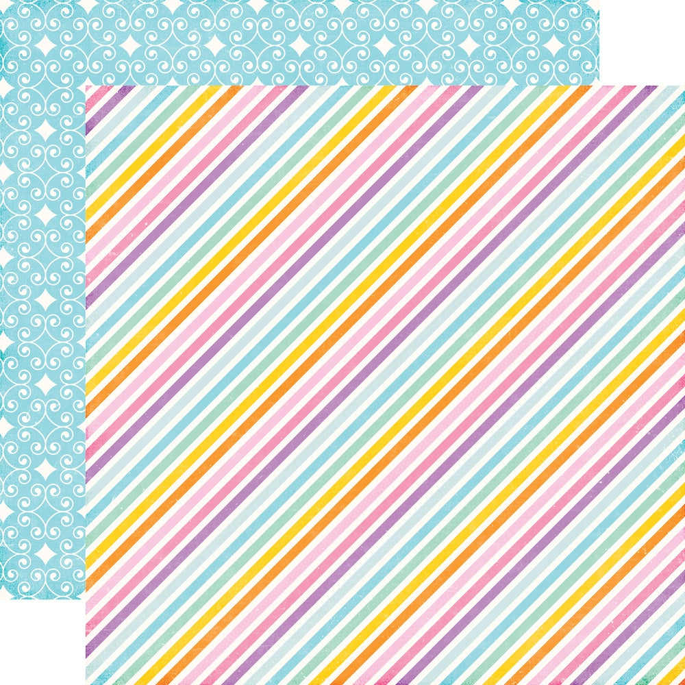 Multi-colored (Side A - fun, colorful, striped paper in pinks, purples, yellows, and blues on a white background; Side B - beautiful turquoise and white brocade pattern)