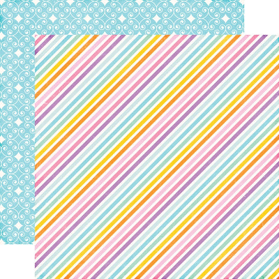 Multi-colored (Side A - fun, colorful, striped paper in pinks, purples, yellows, and blues on a white background; Side B - beautiful turquoise and white brocade pattern)