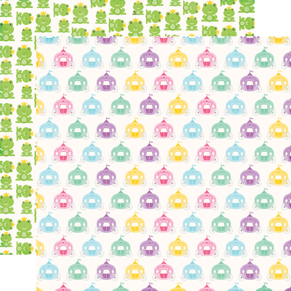 Multi-colored (Side A - pastel pink, purple, yellow, lime green, and turquoise images of the royal carriage; Side B - lime green frogs wearing crowns on an off-white background)